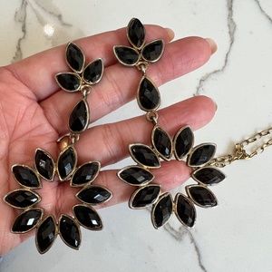 Black onyx and gold flower dangle earrings
